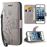 Cover iPhone 5S,iDoer Retro Farfalla Fiore Modello Stampata Design Con Cinturino da Polso Custodia in pelle Protettiva Cuoio Por