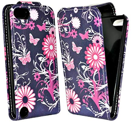 Accessory Master - Custodia in Pelle per Apple iPod Touch 5, Motivo: Farfalle e Fiori, Colore: Rosa e Nero