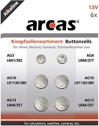 Arcas 12706000 AG Set di batterie alcaline a bottone 6 pezzi (1 x AG3, 1 x AG4, 2 x AG10, 2 x AG13)