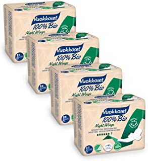 Vuokkoset 100% Assorbenti Cotone Biologico Notte con Ali, Biodegradabile, Cotone Organico - 4x9 pezzi Multipack