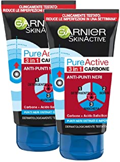 Garnier SkinActive, Trattamento anti punti neri 3 in 1 Carbone PureActive, Pelli grasse e punti neri ostinati, Confezione da 2