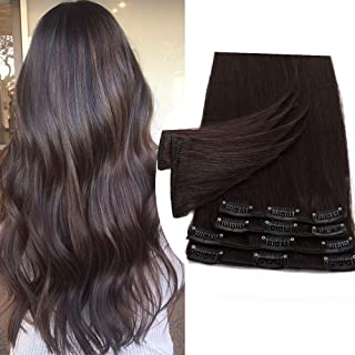 60cm Extension Clip Capelli Veri 100% Remy Human Hair 8 Fasce Lisci Lunghi Umani Naturali Bellezza, 80g 2 Marrone Scuro