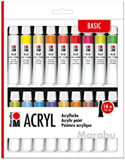 Marabu 1210000000202 - Set di colori acrilici da 18 colori da 12 ml, opachi, lucidi, a base d'acqua, per telai con cuneo, c