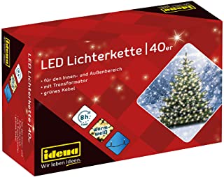 Idena 8325056 - Catena luminosa LED con 40 LED in bianco caldo, con funzione timer 8 ore e trasformatore, lunga circa 11,9 m, pe