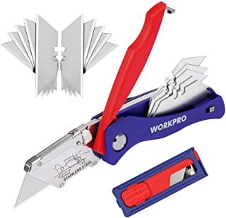 WORKPRO Coltello Taglierino, Coltello Pieghevole con 15 Lame di Ricmabio, Taglierino Pieghevole con Design del Blocco di Sicurezza