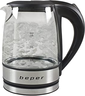 BEPER BB.105 Bollitore Elettrico 1.2 L in Vetro, 1630 W, Prepara 6 tazze, Spegnimento automatico, Filtro removibile, Base stacca