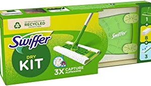 Swiffer Lavapavimenti Cattura Polvere Dry&Wet, 1 Scopa, 8 Panni Asciutti, 3 Panni Umidi, Cattura e Intrappola Polvere e Peli, Rimuove Sporco e Batteri