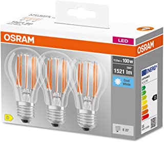 OSRAM LED BASE Classic A100, lampade LED a filamento chiaro in vetro per base E27, forma di lampadina, bianco freddo (4000K), 1521 lumen, sostituisce