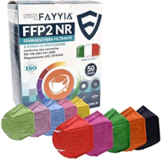 50 Pezzi Mascherine Certificate CE FFP2, Mascherine FFP2 Colorate Made In Italy A 5 Strati Mascherina Ad Alta Protezione Respiratori BFE ?99% Multicol