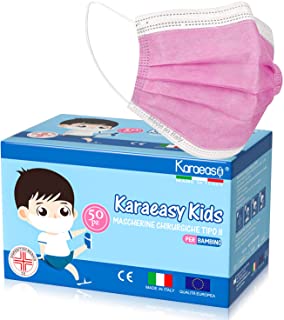 KARAEASY Mascherine chirurgiche Bambini Certificate Dispositivo Medico Tipo II BFE 98% Certificate Mascherina Box 50 Pezzi Rosa