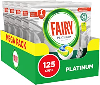 Fairy Platinum Pastiglie Lavastoviglie, 125 Lavaggi, 5 x 25 Capsule Lavastoviglie, Detersivo Lavastoviglie al Limone, con Sistema di Prelavaggio Integ