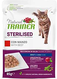 Natural Trainer Sterilised - Cibo Umido per Gatti Adulti Sterilizzati con Manzo e Fibra di Pisello - 12 Buste x 85gr - 1020 gr