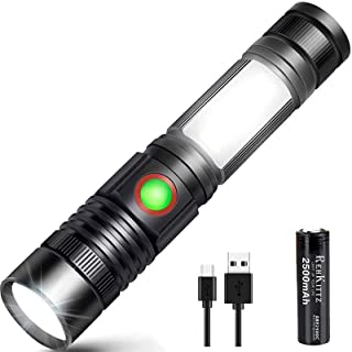 REHKITTZ Torcia LED Ricaricabile Militare Torcia 1300 Lumens Elettrica Alta Potenza COB LED Regolabile Portatile Torcia per Officina, Campeggio (Batte