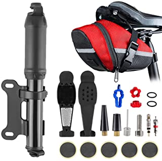 SPOZONE Kit Riparazione Accessori Bici [Nuova Versione Kit Bici] 120 Psi Mini Pompa Bicicletta con Borsa Bici, Kit Riparazione Pneumatici Bici, Mini S