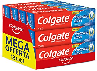 Dentifricio Colgate Protezione Carie con Calcio e Fluoro Attivo, Rinforza i Denti, Rinfresca l'Alito con il Gusto Fresco della Menta, 12x75 ml