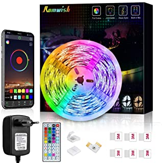 Striscia LED 5M, Romwish Luci LED Colorate RGB SMD 5050 Bluetooth Musica Sync LED Strip Controllo App e 44 Tasti Telecomando per Casa, Cucina, Festa,