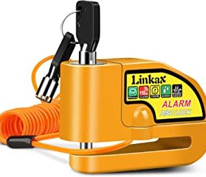 Linkax Bloccadisco Moto Lucchetto Antifurto Moto con Allarme Sonoro 110DB, Blocca Disco per Moto con 2 Chiavi und 1.5m Reminder Cavetto, Accessori Mot