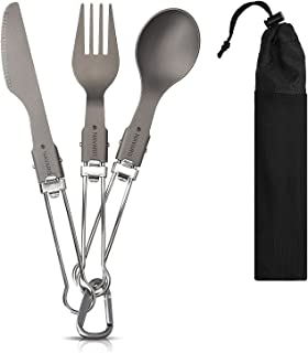 Navaris Set 3X Posate da Campeggio in Titanio - Kit Forchetta Coltello Cucchiaio Ultra Leggero per Camping Trekking Picnic - Custodia e Gancio incl.