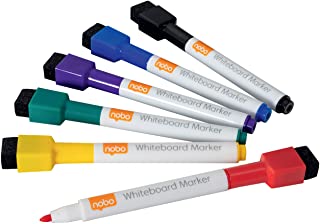 Nobo Set da 6 Mini Pennarelli per Lavagna a Punta Fine da 2 mm, Cappuccio con Gomma Magnetica Integrata, Cancellabili a Secco, Basso Odore, Colori Ass