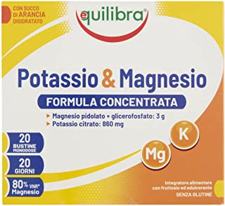 Equilibra Integratori Alimentari, Potassio e Magnesio, Integratore Magnesio e Potassio Formula Concentrata per Reintegro Sali Minerali, con Succo di A